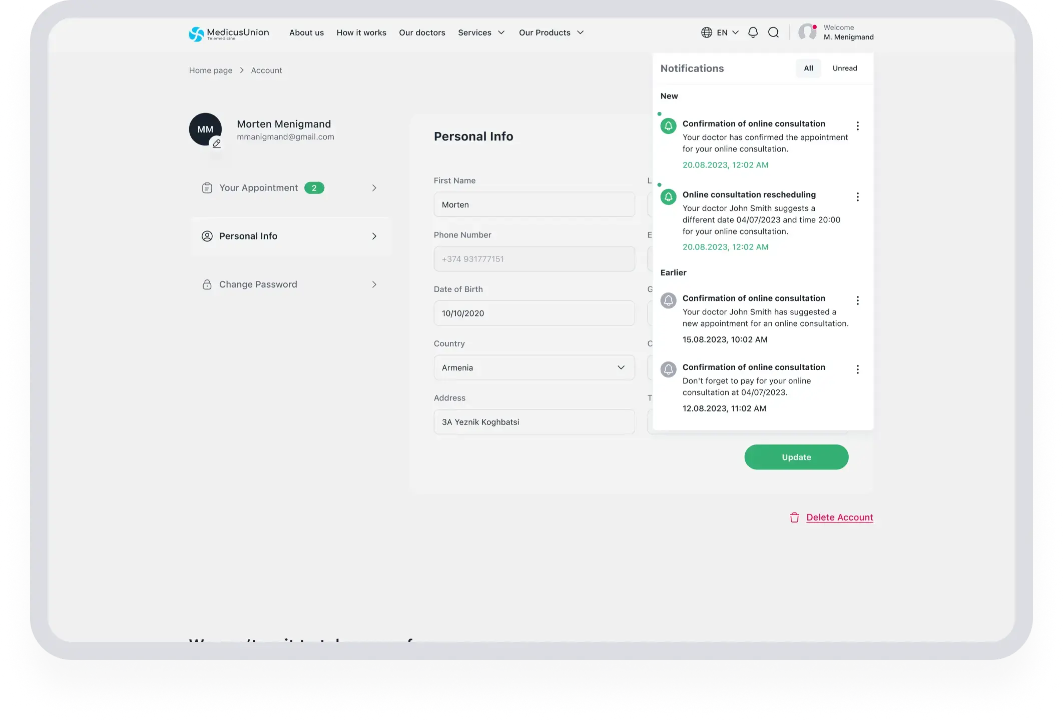 Страница уведомлений на веб-сайте с напоминаниями о встречах по SMS и push-уведомлениями.